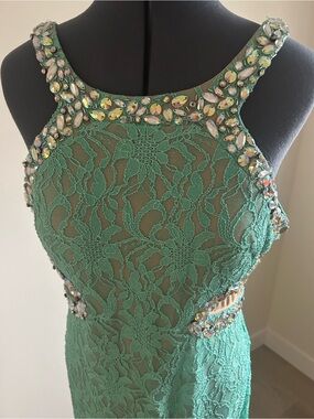 City Triangles Teal Green Lace Prom Gown with Jeweled Accents